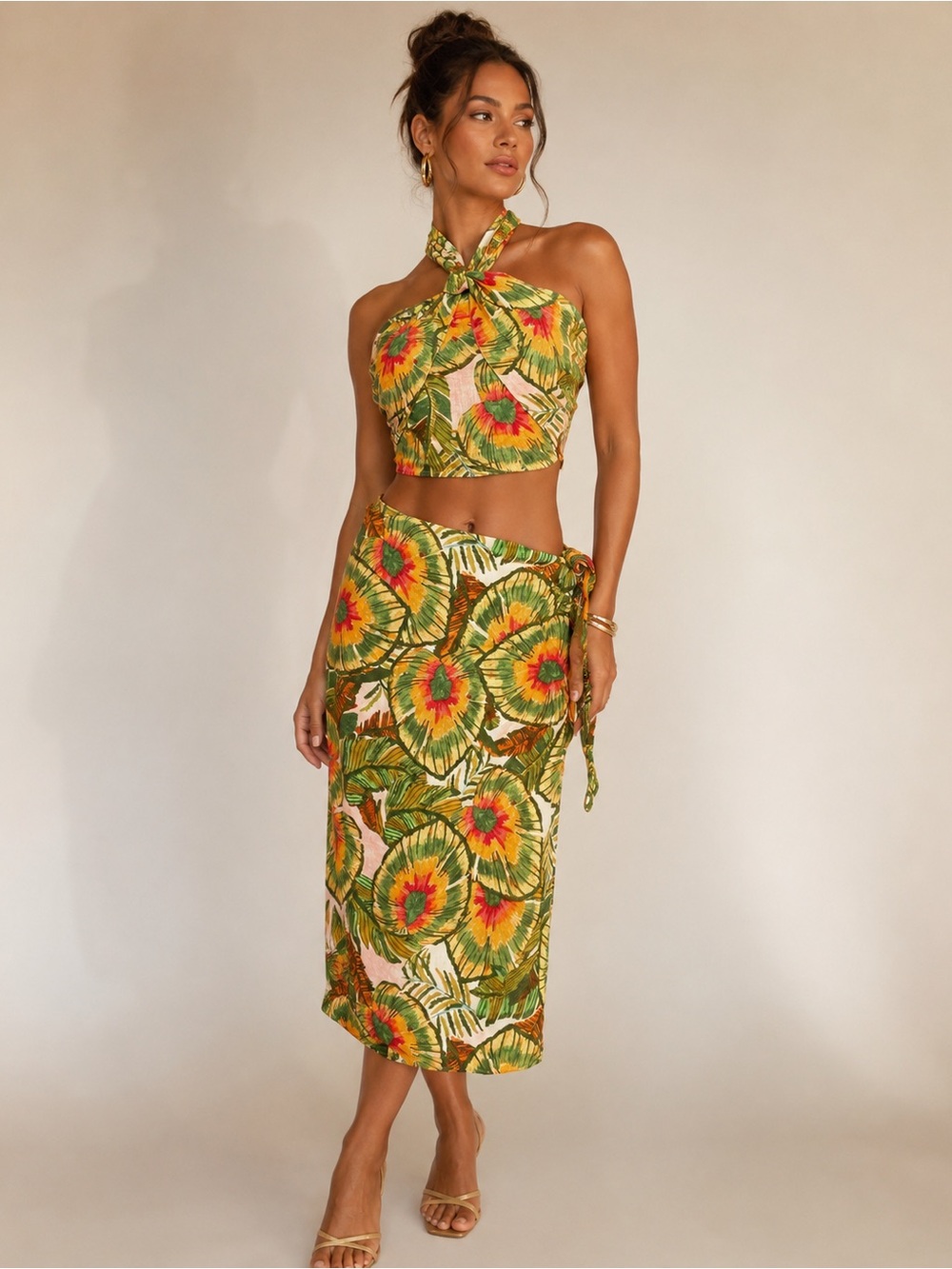 Cynthia Rowley Tropical 2pc Set Halter Top Midi Skirt